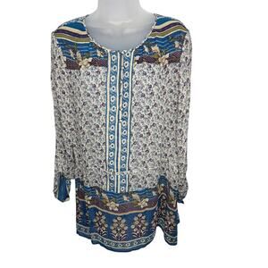 Lucky Brand Boho Floral Sheer Roll Tab -Long Sleeve Women's Blouse Tunic Size XL